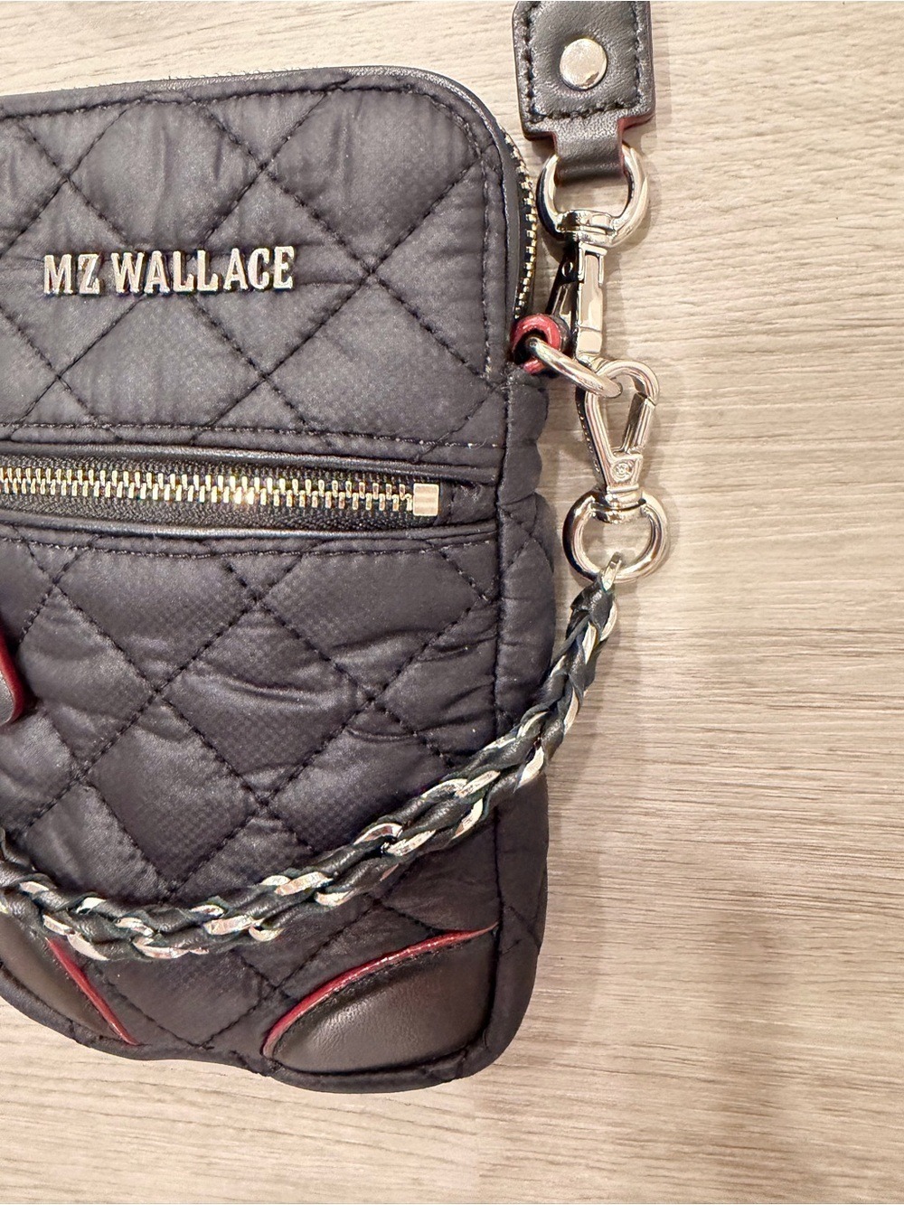 MZ WALLACE Micro Crosby Crossbody Bag Black Quilted Nylon Red Trim Travel - Picture 5 of 12